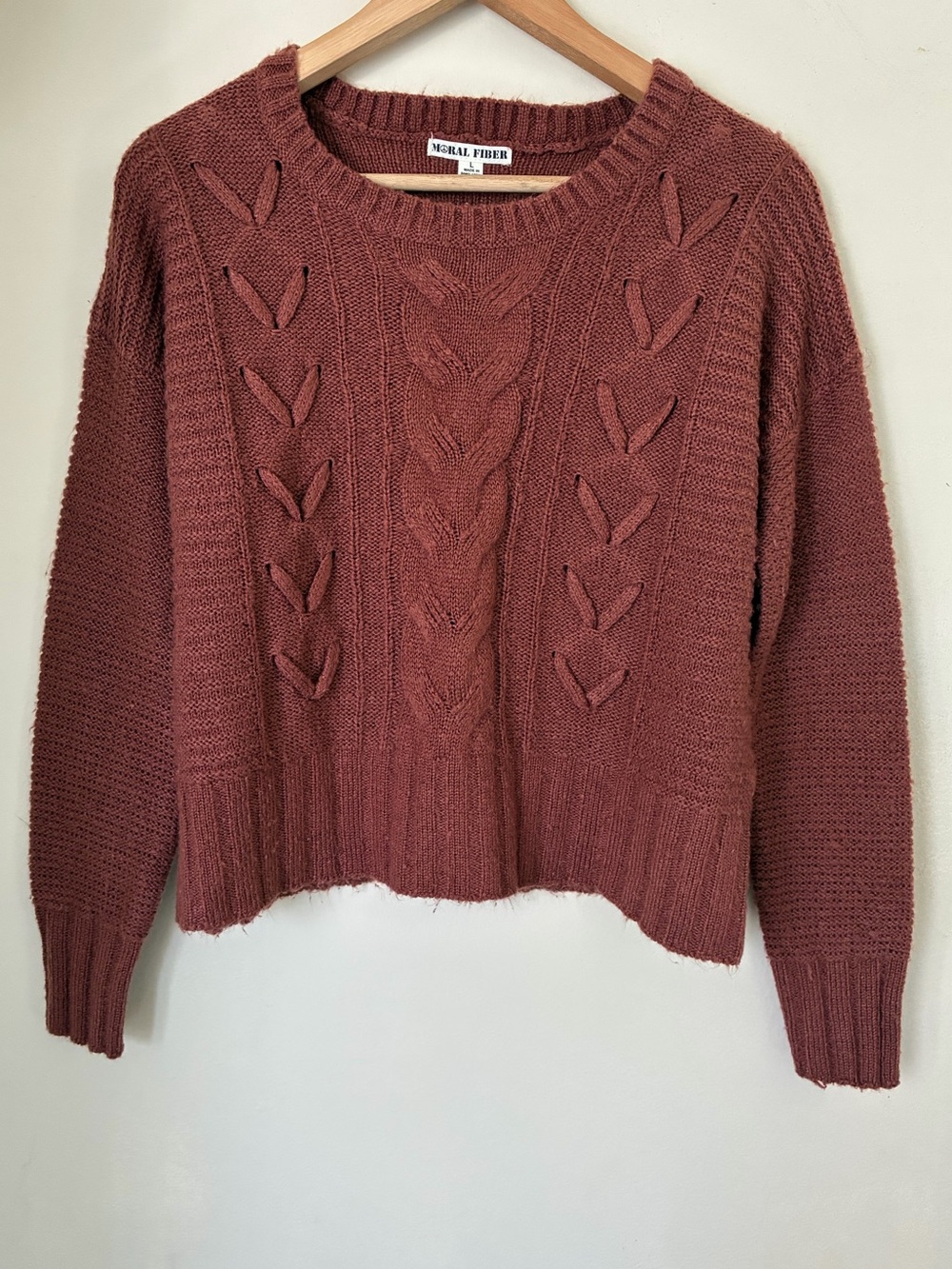 Moral Fiber Women Rust Brown Cable Knit Crew Neck Sweater Size L Pullover Fall